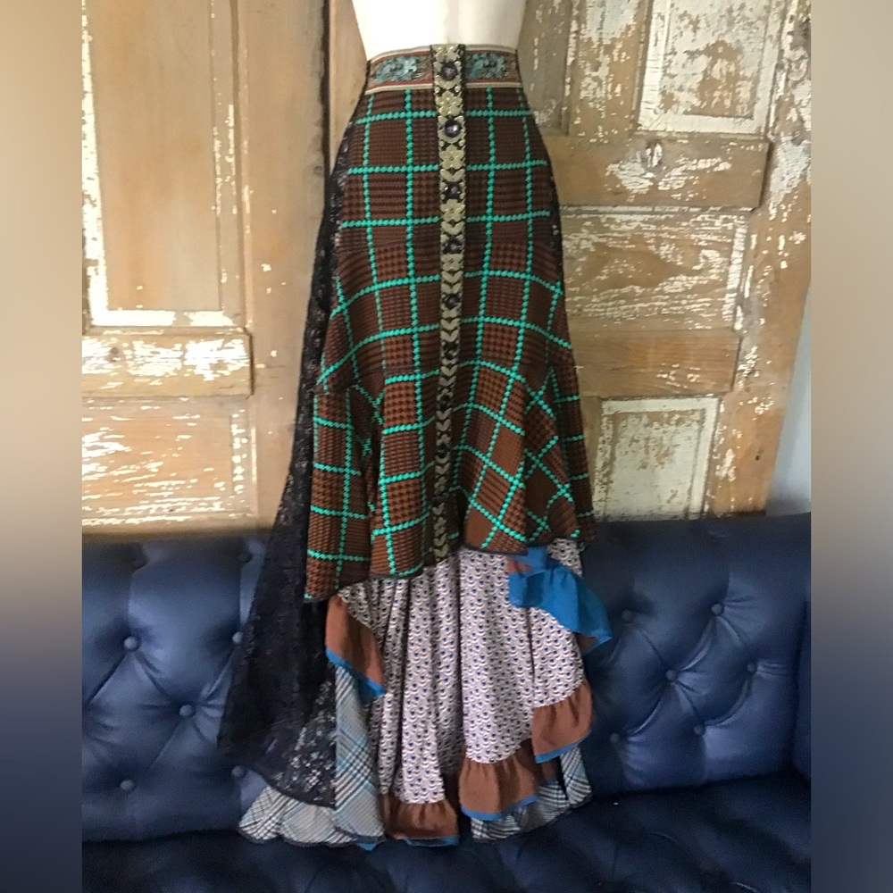 Byron Lars Green and Red Tiered Maxi Skirt